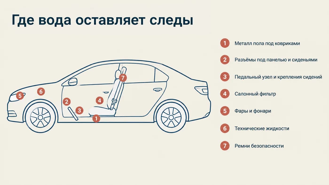 Схема автомобиля с семью местами, где остаются следы подтопления