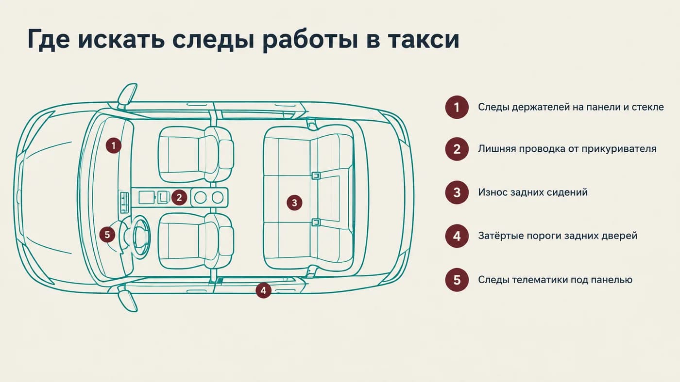 Схема салона автомобиля с пятью местами, где остаются следы коммерческой эксплуатации