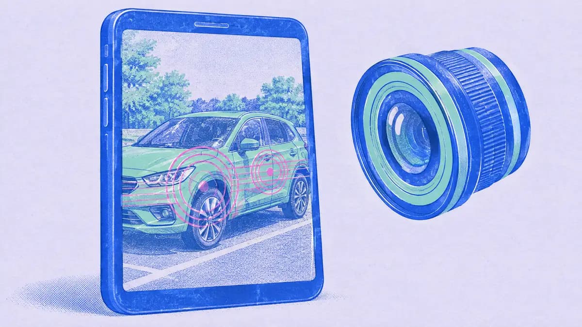Иллюстрация: смартфон с фотографией автомобиля, над которой светятся кольца сканирования и объектив камеры