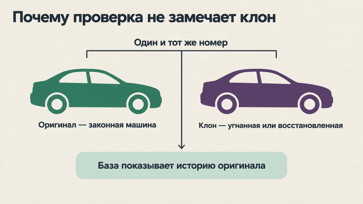 Схема: у оригинала и клона один номер, база показывает историю оригинала