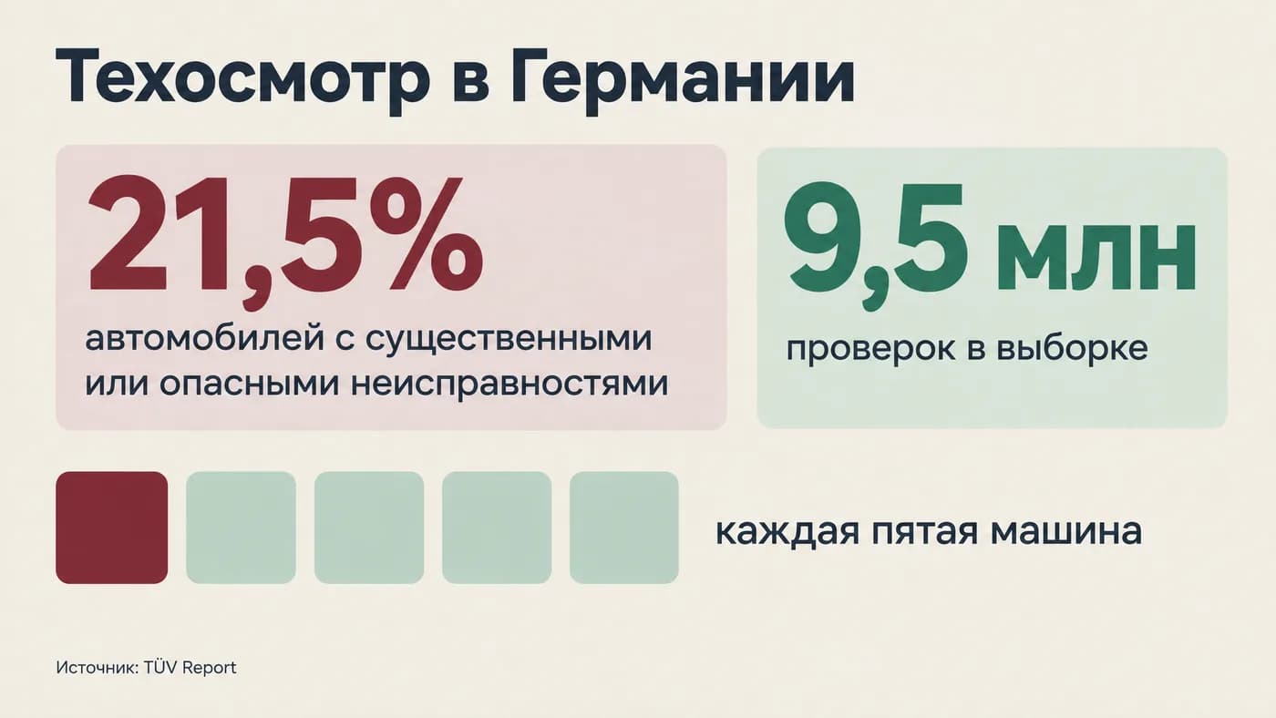 21,5% автомобилей в Германии пришли на техосмотр с существенными неисправностями