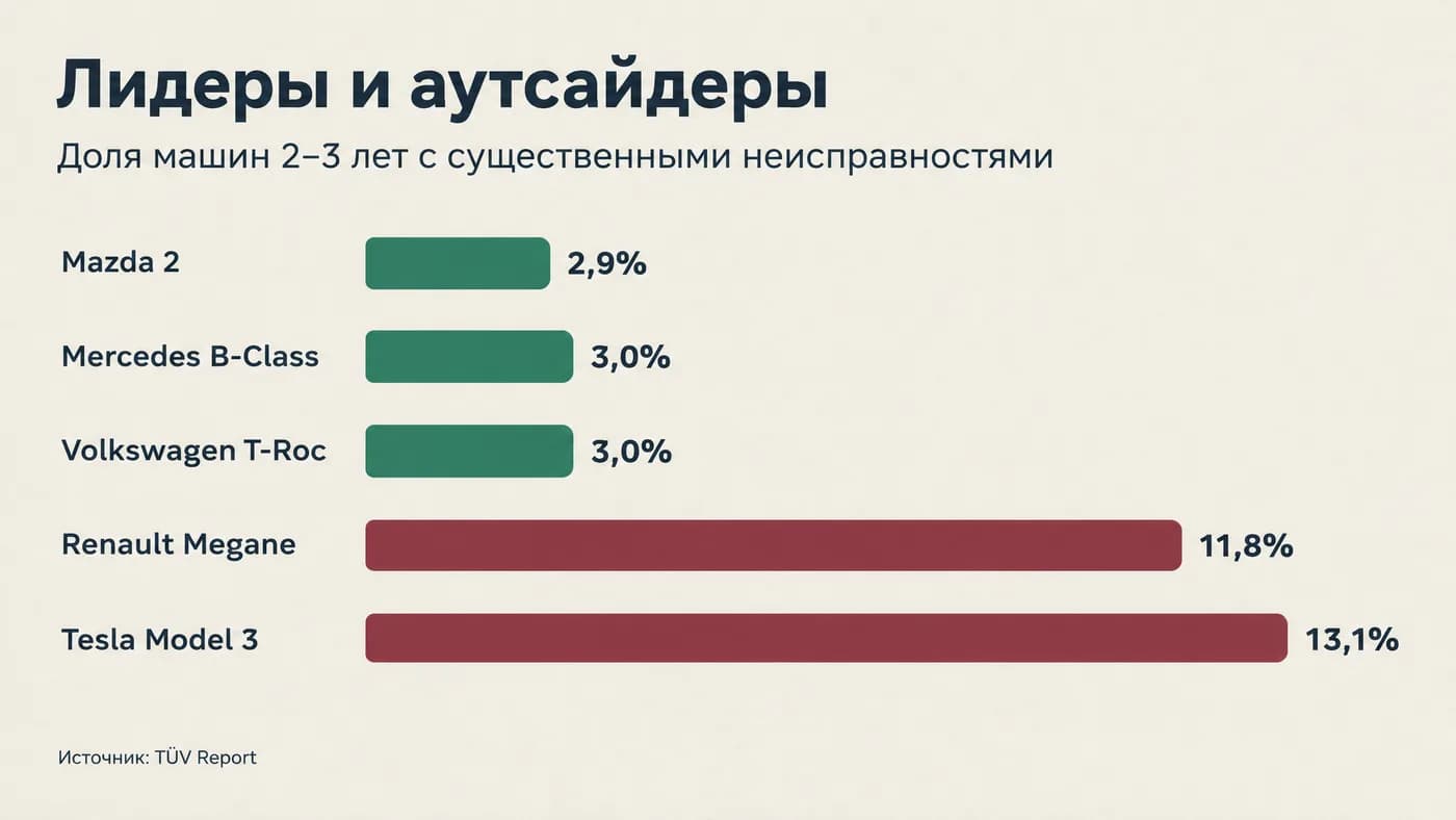 Доля автомобилей возрастом 2–3 года с неисправностями: от Mazda 2 до Tesla Model 3