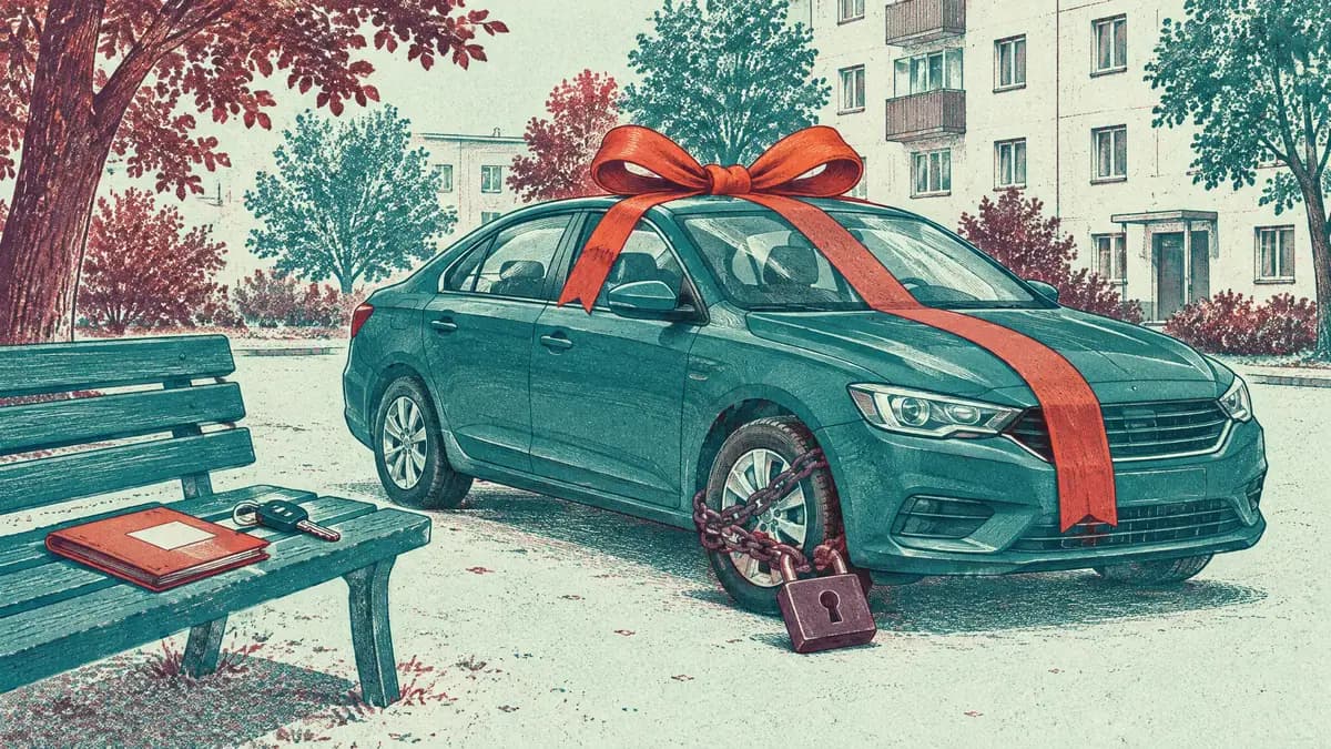 Иллюстрация: автомобиль с праздничным бантом и навесным замком на колесе, рядом на скамейке ключи и документы