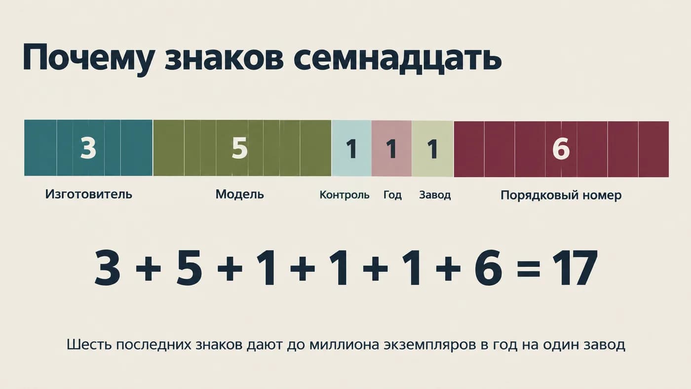 Разбивка длины VIN: 3 плюс 5 плюс 1 плюс 1 плюс 1 плюс 6 равно 17
