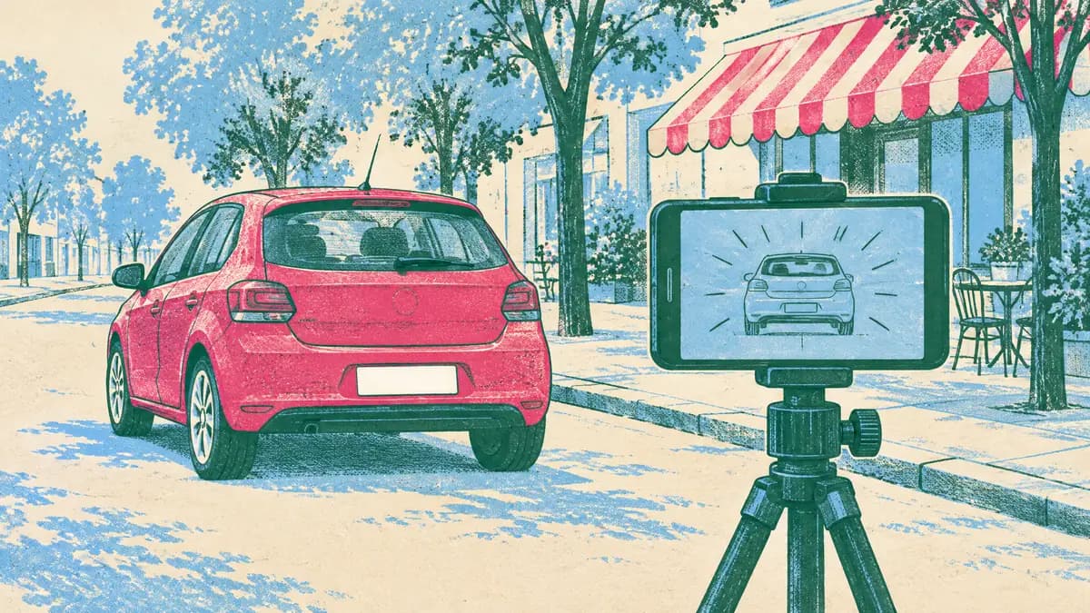 Иллюстрация: смартфон на штативе фотографирует заднюю часть автомобиля