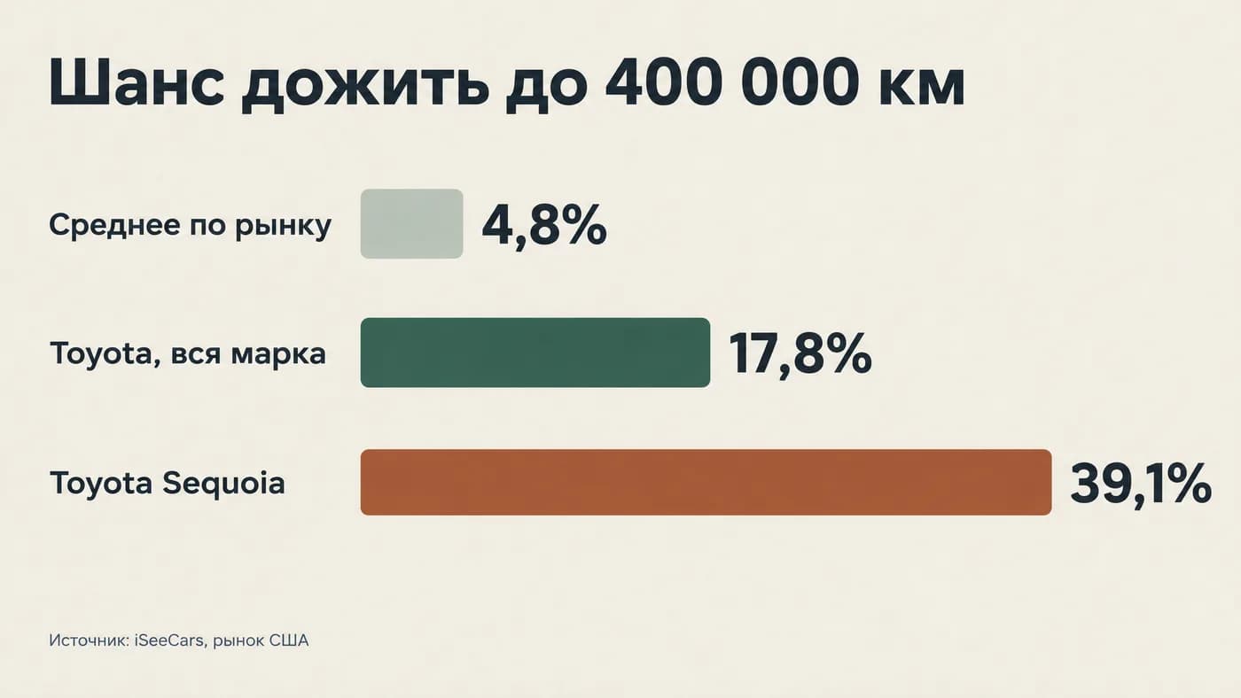 Вероятность дожить до 400 000 км: среднее по рынку 4,8%, Toyota 17,8%, Toyota Sequoia 39,1%