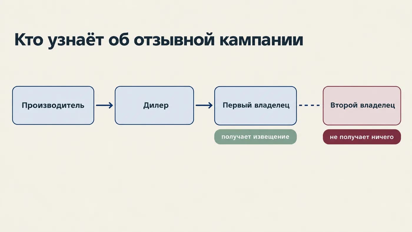 Схема: уведомление от производителя через дилера доходит до первого владельца, но не до второго